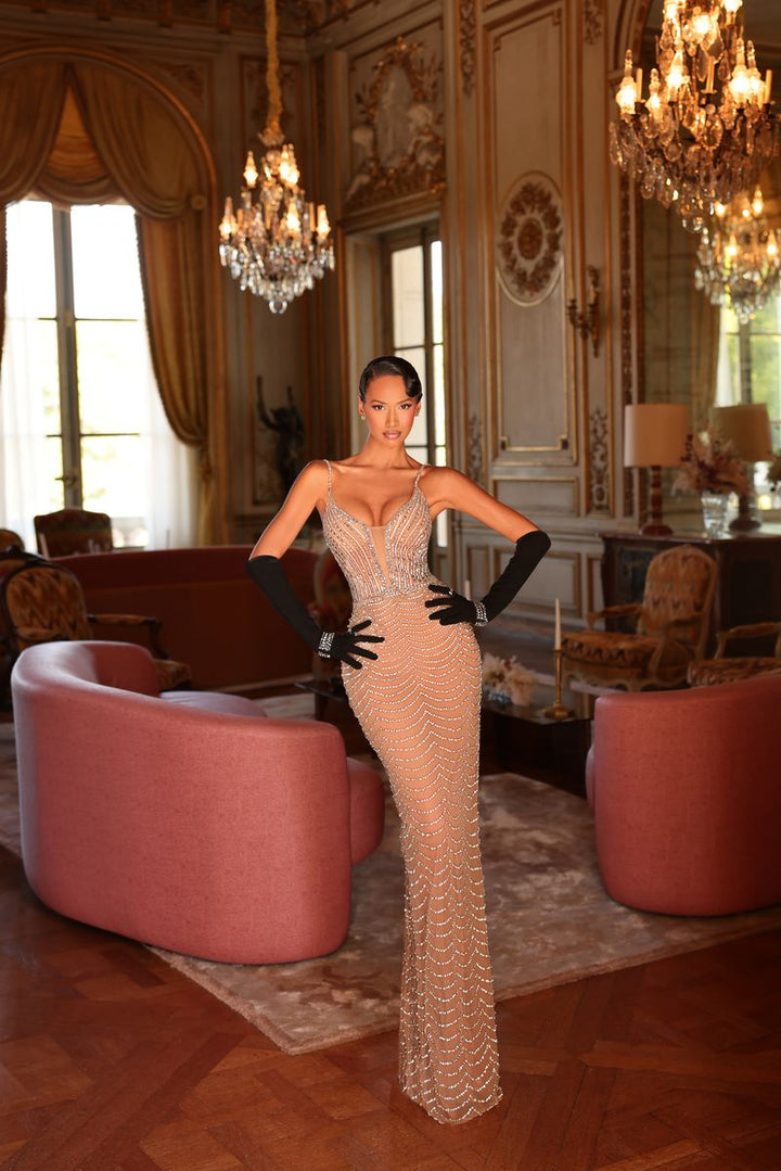 Chic & Holland HF110700 Illusion Bodice Column Couture Dress
