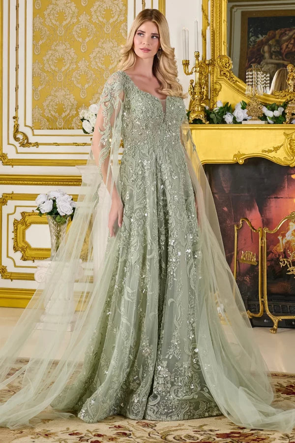 GLS Collective GL3838 Beaded Cape Sleeve Mother of the Bride Dress