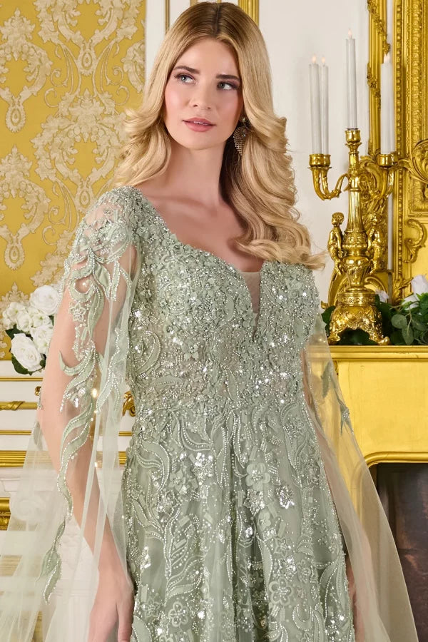 GLS Collective GL3838 Beaded Cape Sleeve Mother of the Bride Dress
