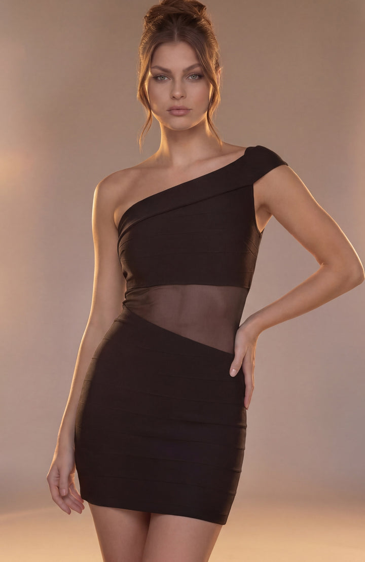 Jovani 51667 One Shoulder Mesh Cutout Bodycon Mini Dress - FOSTANI.com
