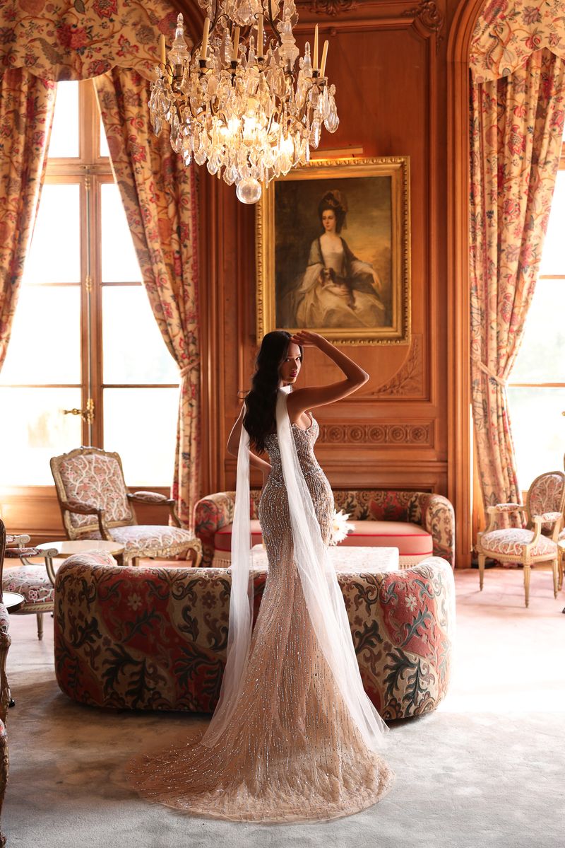 Chic & Holland EW990070 Sweetheart Linear Beaded Cape Choker High Slit Evening Dress