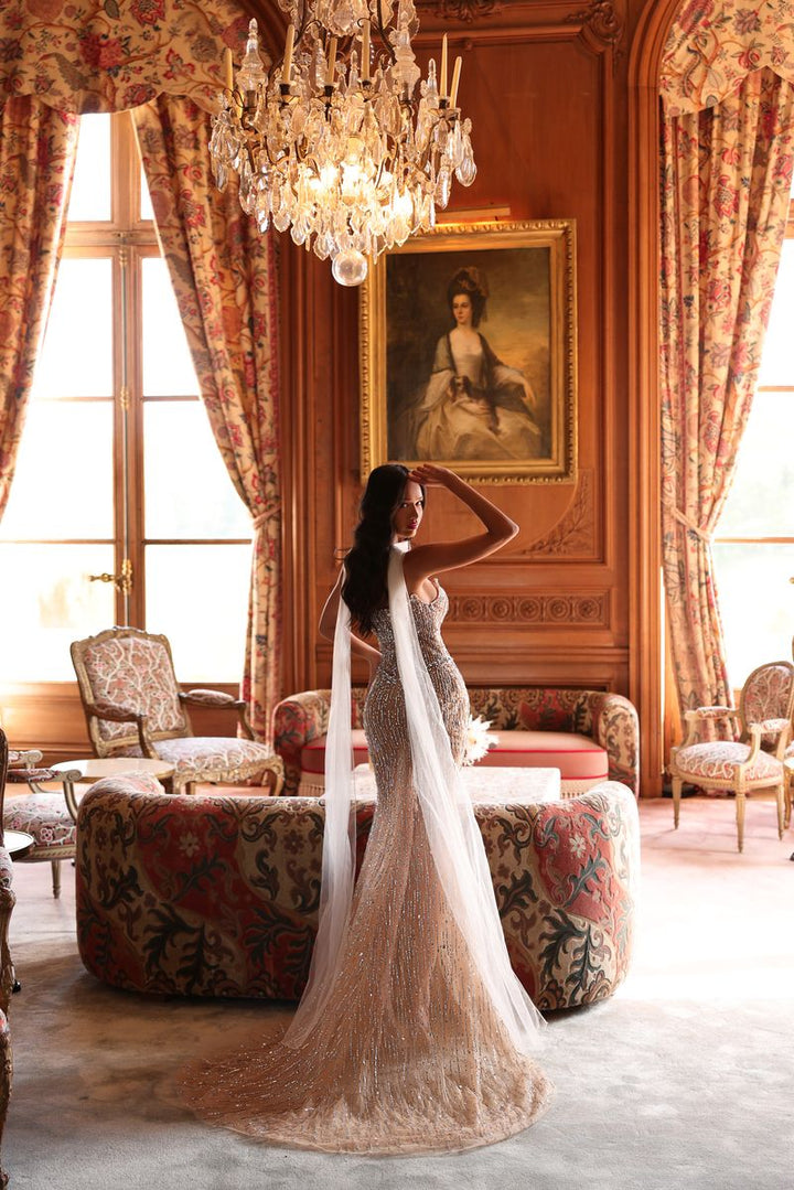 Chic & Holland EW990070 Sweetheart Linear Beaded Cape Choker High Slit Evening Dress