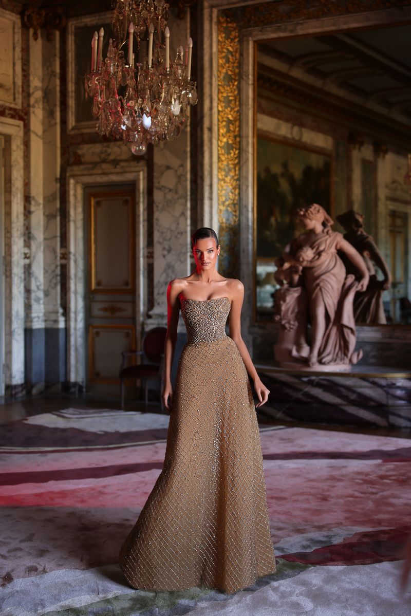 Chic & Holland HF110604 Strapless Straight-across Neckline Beaded High Waist Cape Couture Dress