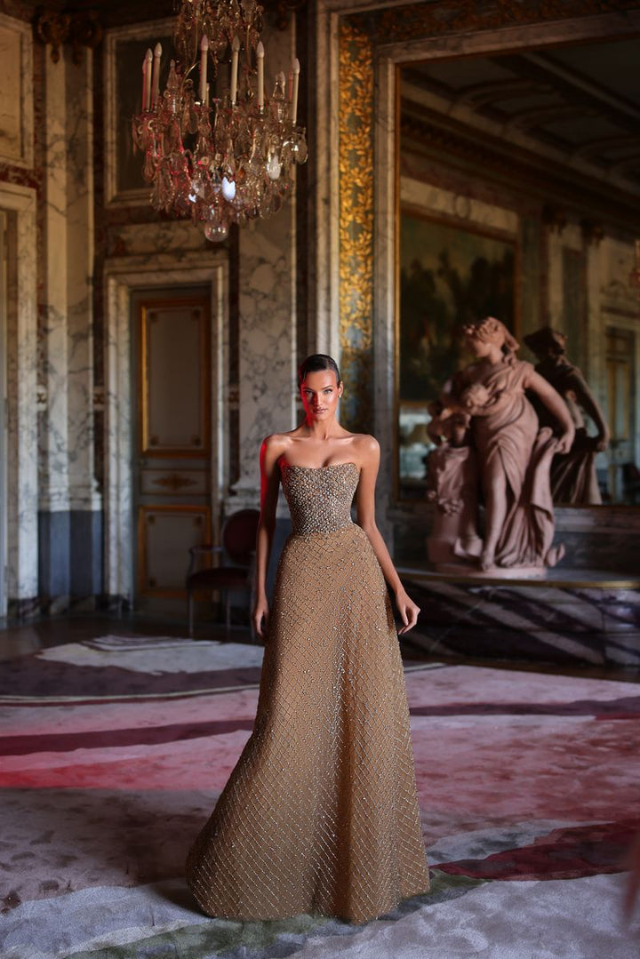 Chic & Holland HF110604 Strapless Straight-across Neckline Beaded High Waist Cape Couture Dress