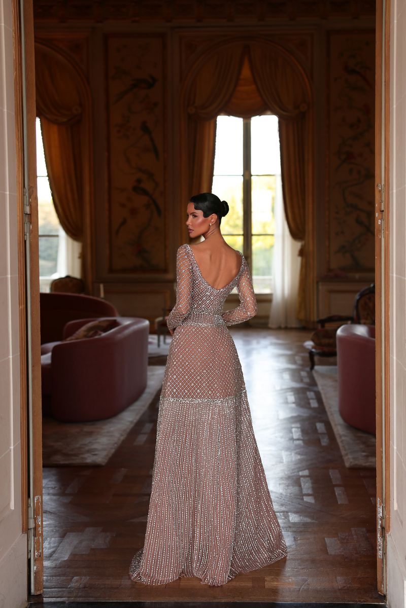 Chic & Holland HF110611 Square Neckline Long Sleeves Beaded A Line Couture Dress