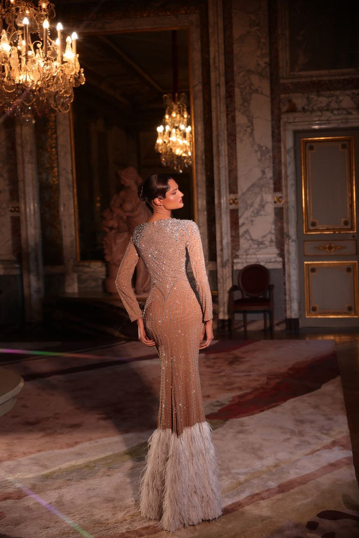 Chic & Holland PH120131 Long Sleeve Feather Couture Dress