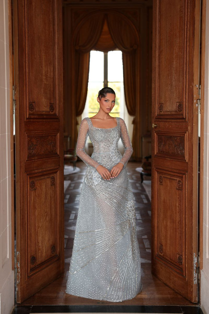 Chic & Holland HF110602 Square Neckline Long Sleeves Beaded Couture Dress