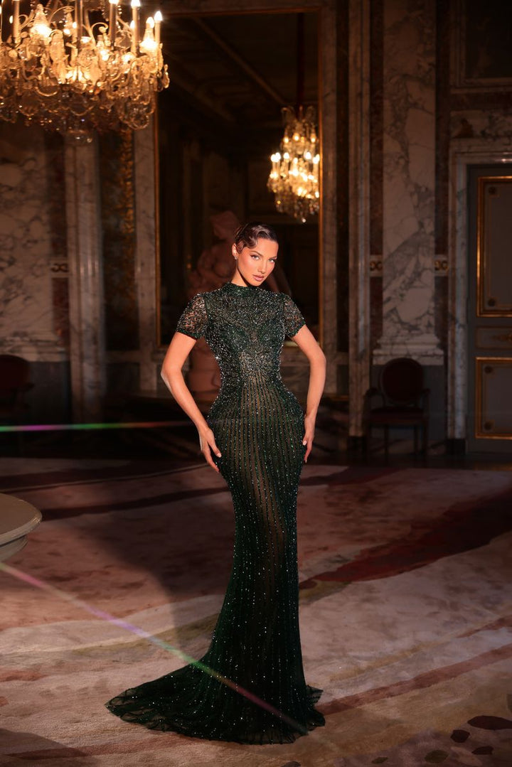 Chic & Holland HF110633 Mock Neckline Short Sleeves Beaded Sheath Couture Dress