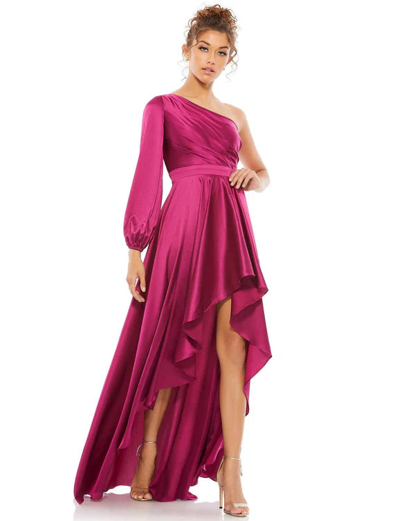 Mac Duggal 49141 Dark Long Sleeve One Shoulder Satin High Low A-line Gown