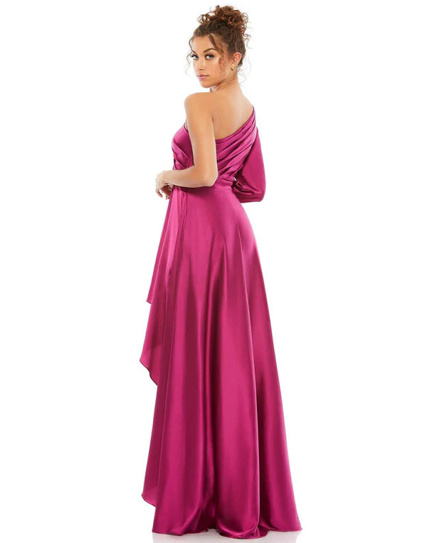 Mac Duggal 49141 Dark Long Sleeve One Shoulder Satin High Low A-line Gown