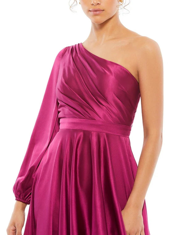 Mac Duggal 49141 Dark Long Sleeve One Shoulder Satin High Low A-line Gown