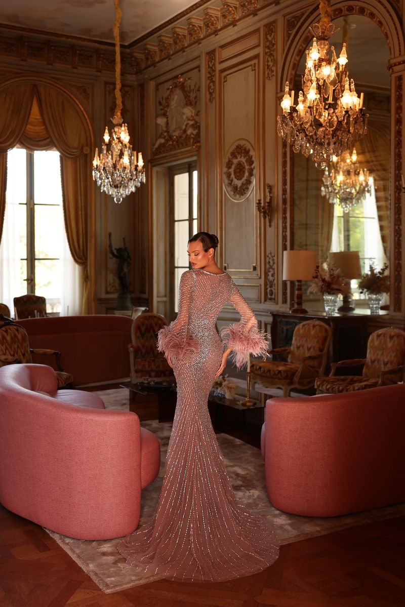 Chic & Holland HF110632 Plunging V Neck Long Sleeves Feather Cuffs Beaded High Slit Couture Dress