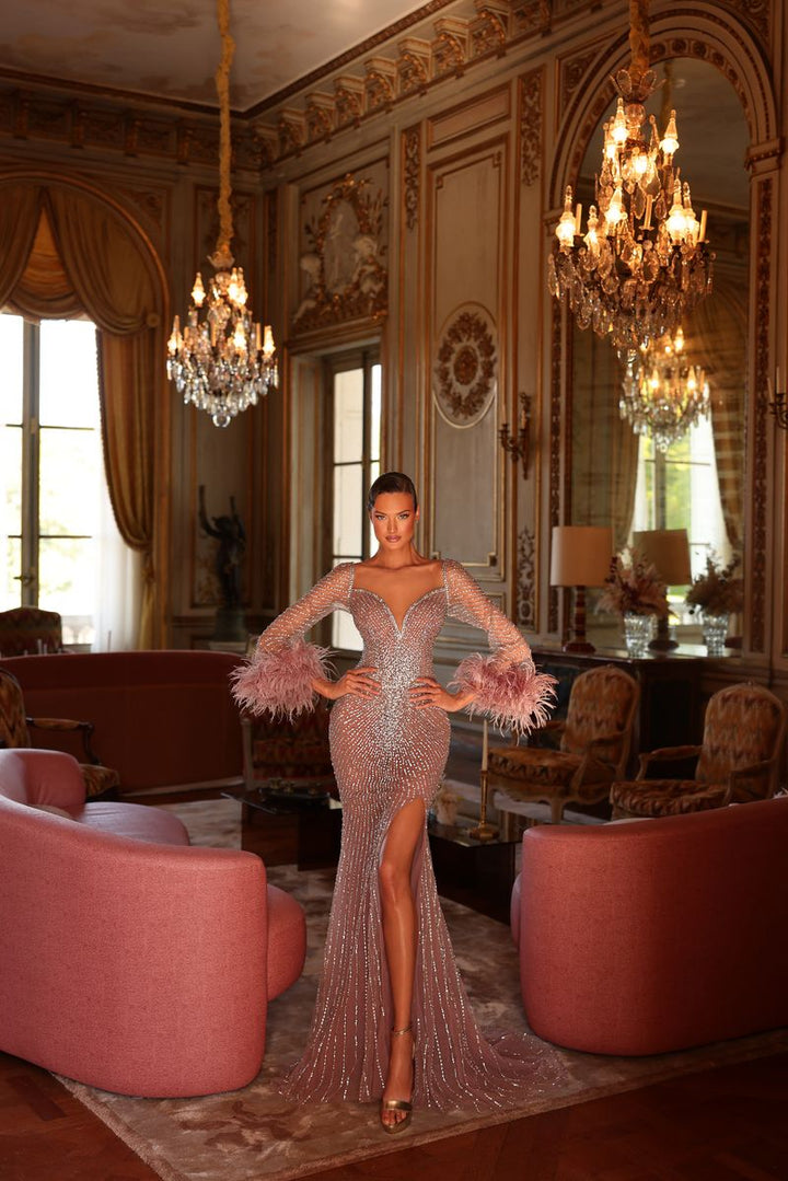 Chic & Holland HF110632 Plunging V Neck Long Sleeves Feather Cuffs Beaded High Slit Couture Dress