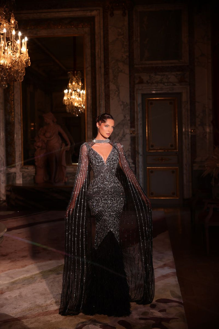 Chic & Holland PH120146 High Neck Cape Sheath Couture Dress