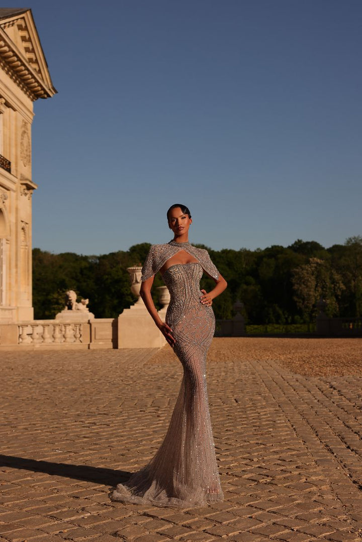 Chic & Holland HF110677 Beaded Cape Sleeve Couture Dress