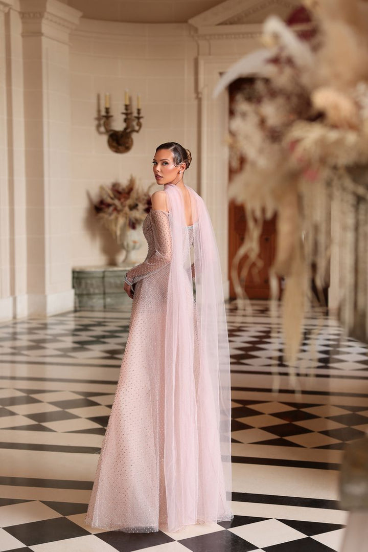 Chic & Holland HF110613 Off Shoulder Long Sleeves Beaded Corset Bodice A Line Matching Scarf Couture Dress