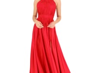 Mac Duggal 49333 Halter Neck Open Back Satin Gown with Slit