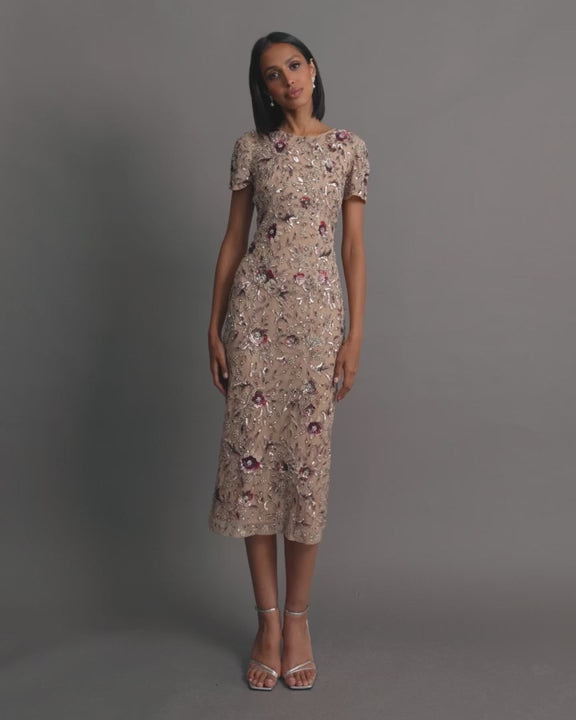 Mac Duggal 10102 Floral Embellished Short Sleeve Midi Dress