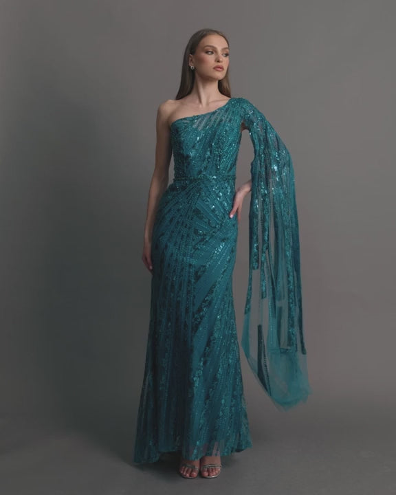 Mac Duggal 20528 One Shoulder Cape Sleeve Embellished Gown