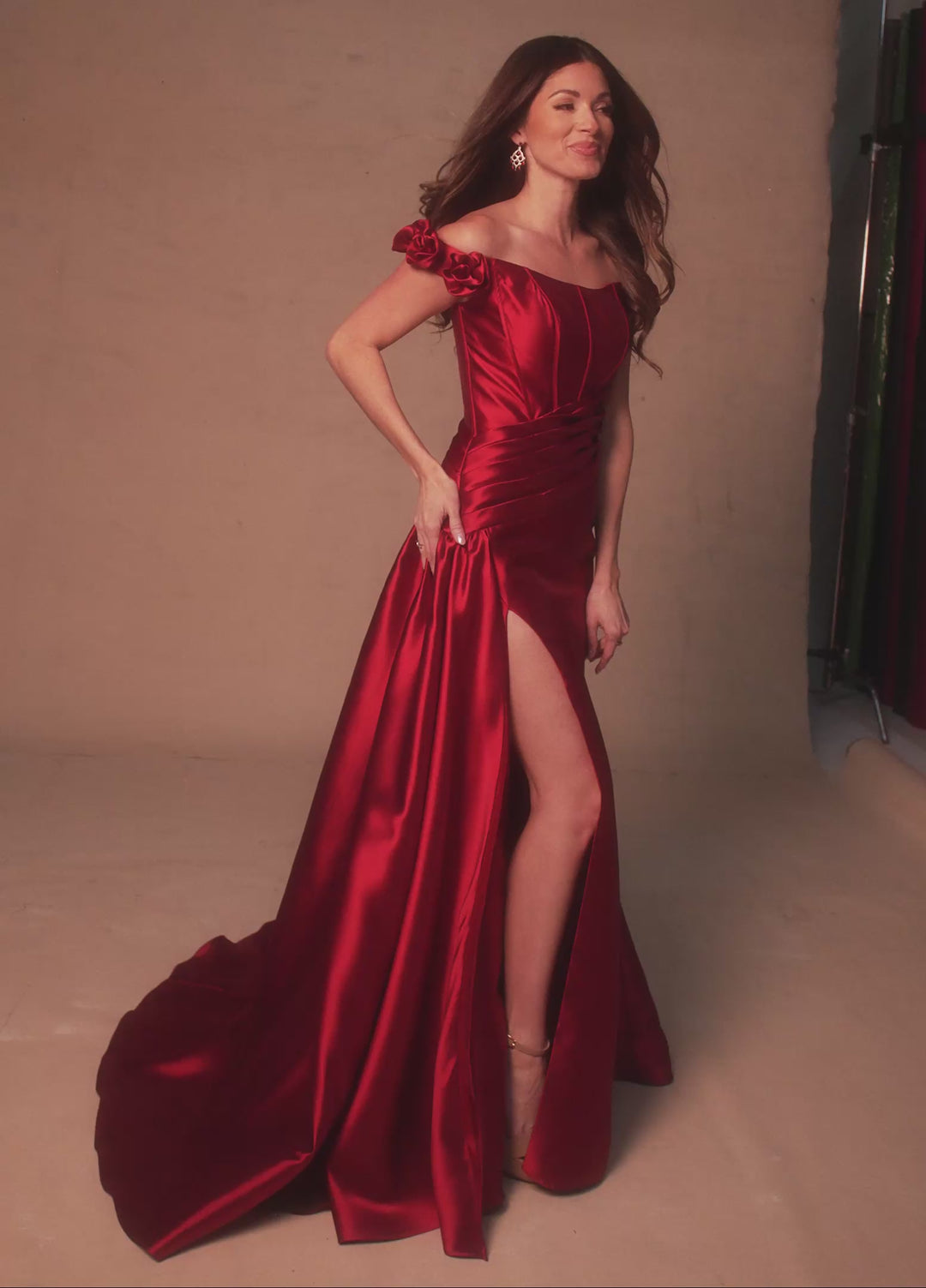 Rachel Allan RB8177 Off-the-Shoulder Neckline & Straps Corset-Style Boning Mother of the Bride Dress