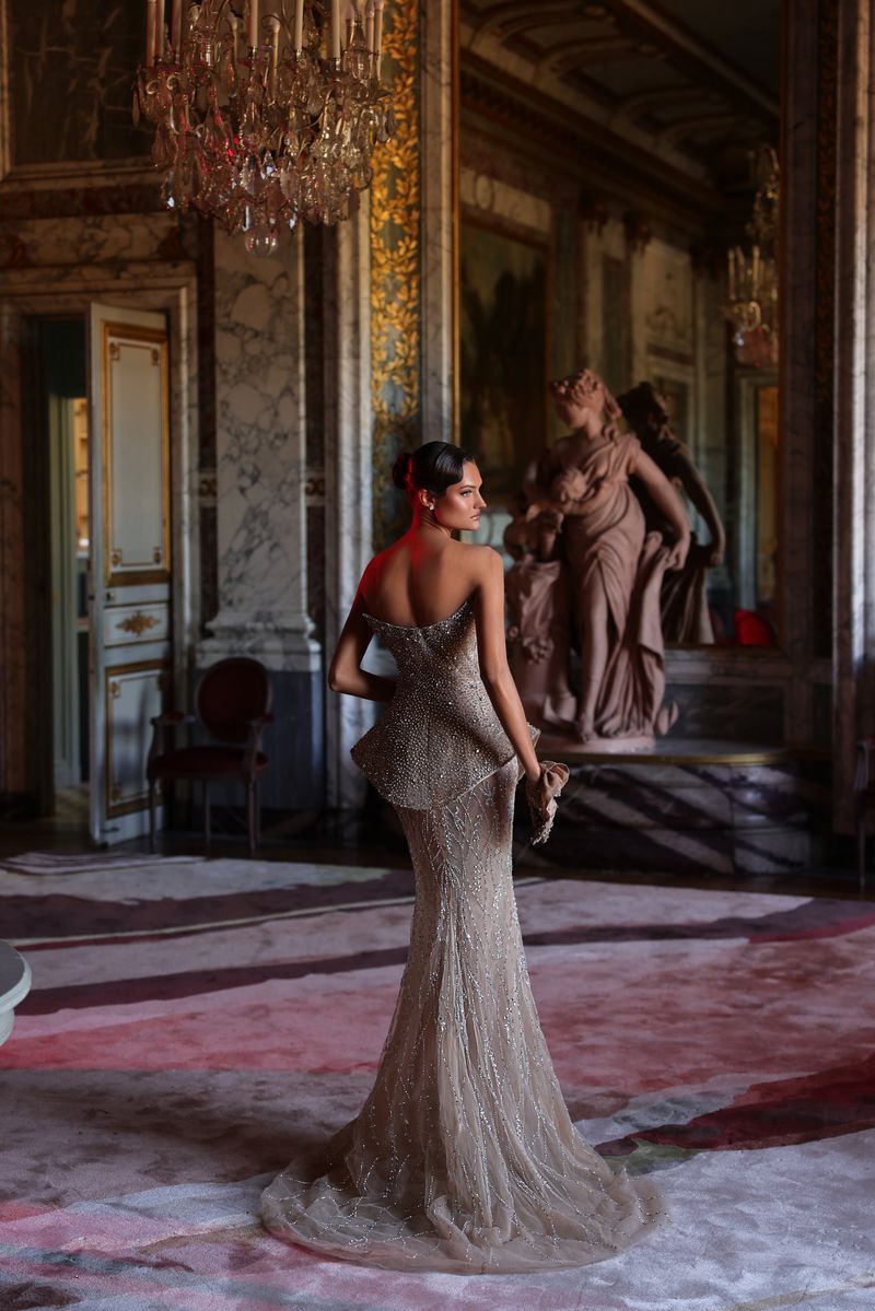 Chic & Holland HF110711 Strapless Slit Peplum Couture Dress