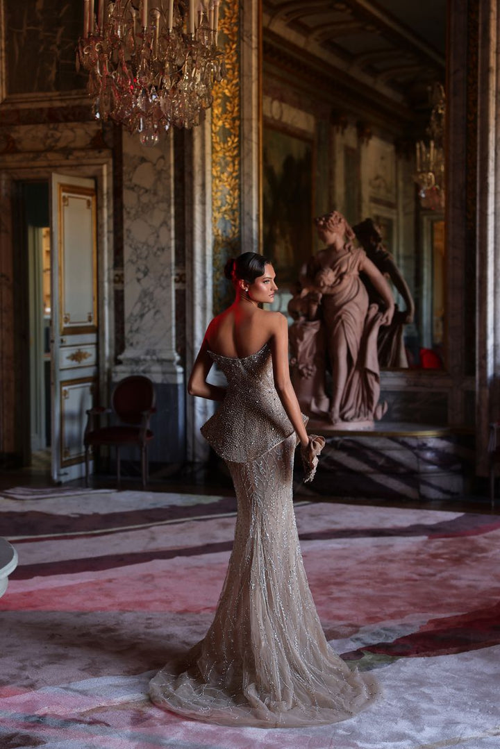 Chic & Holland HF110711 Strapless Slit Peplum Couture Dress