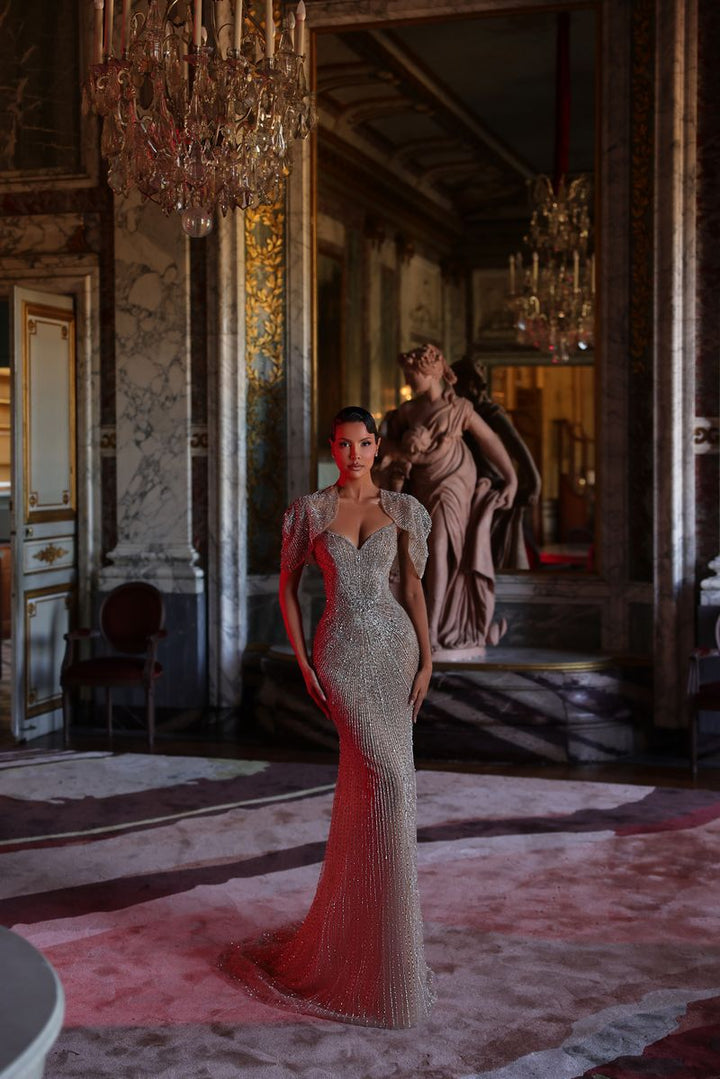 Chic & Holland HF110622 Sweetheart Neckline Beaded Sheath Matching Capelet Couture Dress