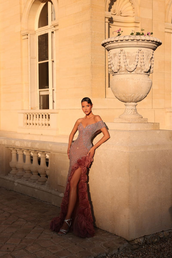 Chic & Holland PH120149 Off Shoulder Rosette Slit Couture Dress
