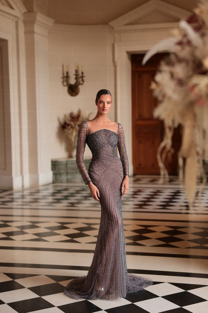 Chic & Holland HF110660 Long Sleeve Beaded Couture Dress