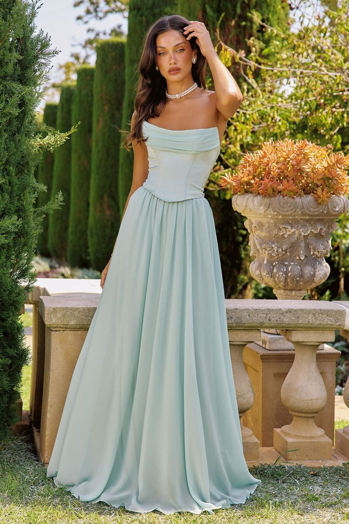 Amoris T741 Draped Chiffon Sleeveless Structured A-Line Dress