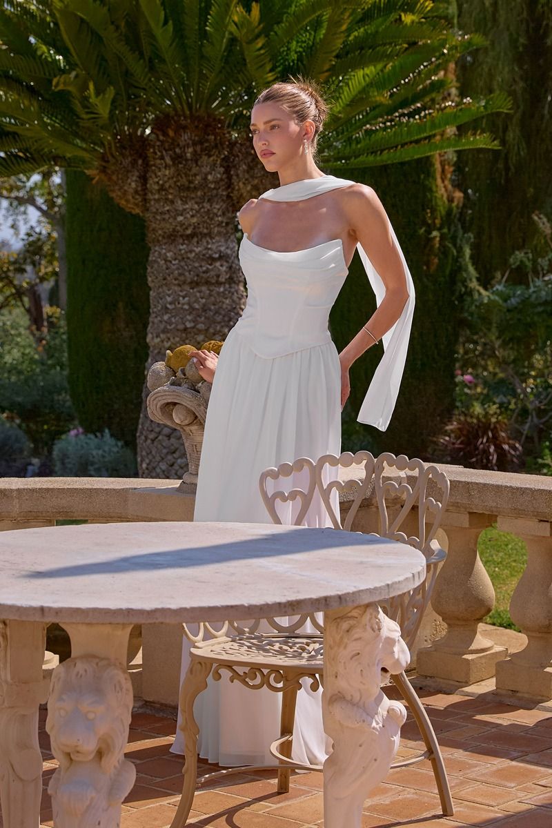 Amoris T741W Strapless A-Line Bridal Dress with Neck Scarf and Lace-Up Back