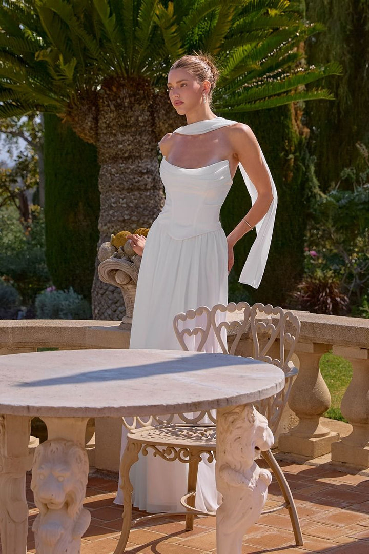 Amoris T741W Strapless A-Line Bridal Dress with Neck Scarf and Lace-Up Back