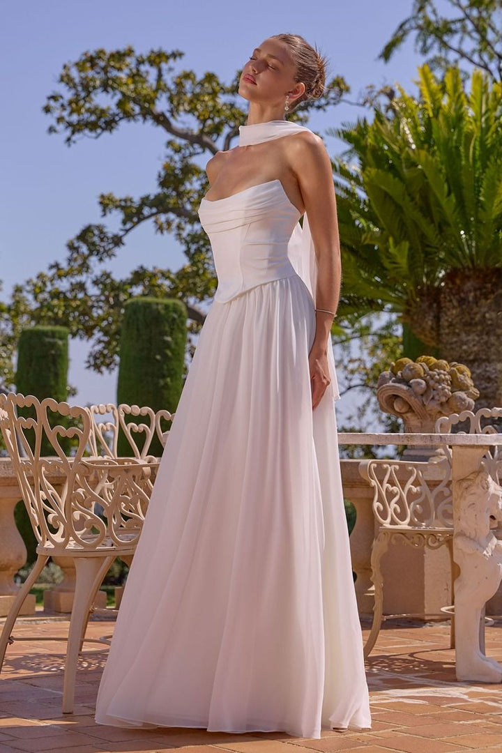 Amoris T741W Strapless A-Line Bridal Dress with Neck Scarf and Lace-Up Back