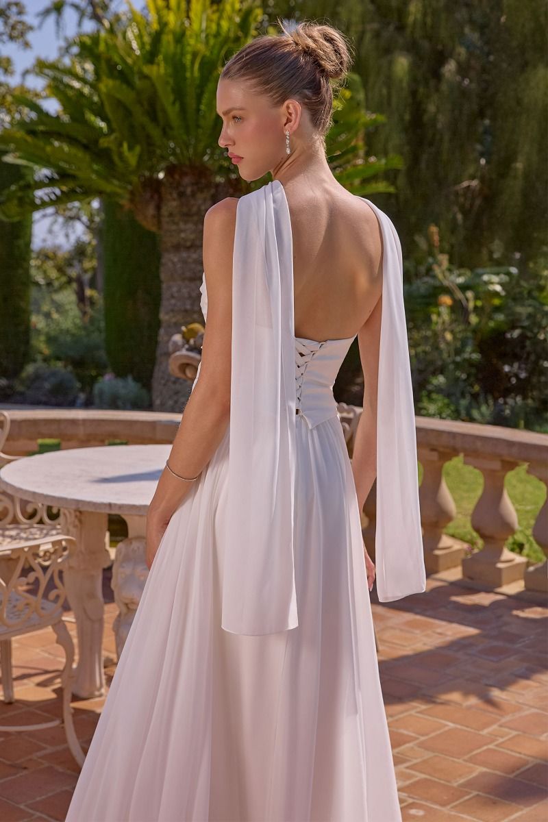 Amoris T741W Strapless A-Line Bridal Dress with Neck Scarf and Lace-Up Back