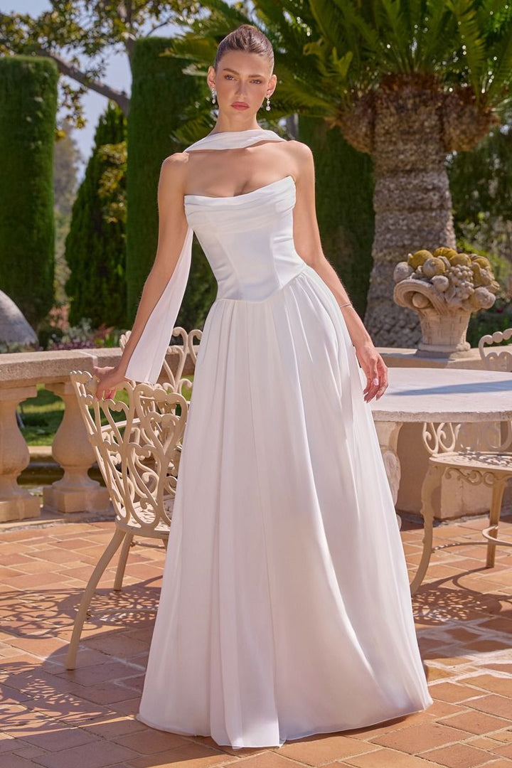 Amoris T741W Strapless A-Line Bridal Dress with Neck Scarf and Lace-Up Back