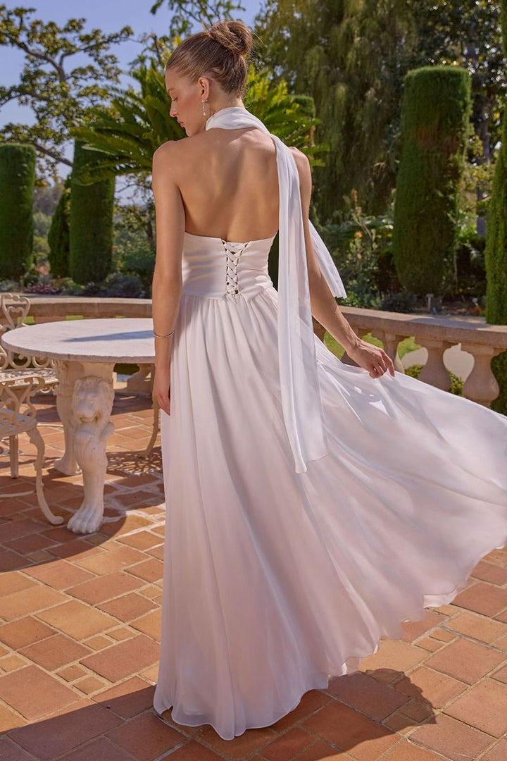 Amoris T741W Strapless A-Line Bridal Dress with Neck Scarf and Lace-Up Back