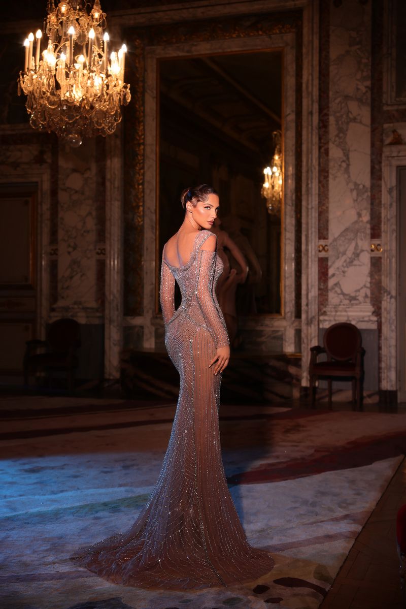 Chic & Holland HF110608 Cold Shoulder Sweetheart Neck Patterned Beaded Sheath Couture Dress