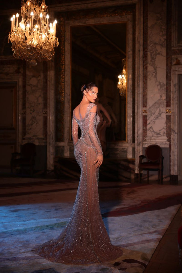 Chic & Holland HF110608 Cold Shoulder Sweetheart Neck Patterned Beaded Sheath Couture Dress