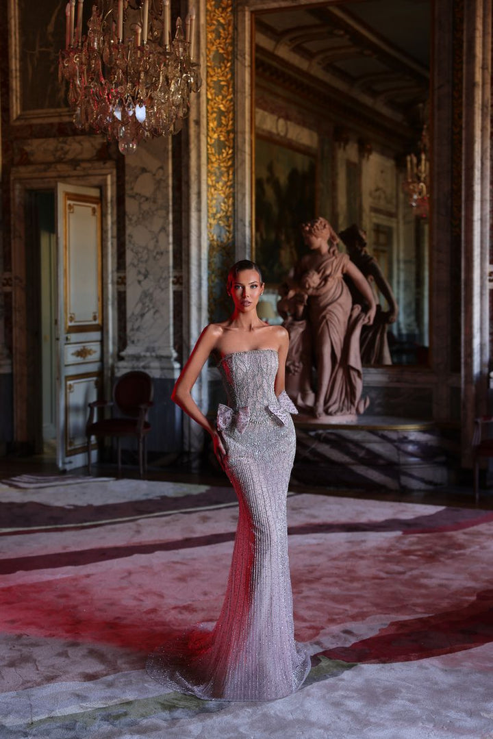 Chic & Holland HF110637 Strapless Straight Neckline Double Side Bows Linear Beaded Sheath Couture Dress