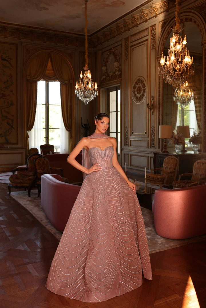 Chic & Holland HF110605 Strapless Sweetheart Wavy Linear Beaded Ball Gown Matching Scarf Couture Dress