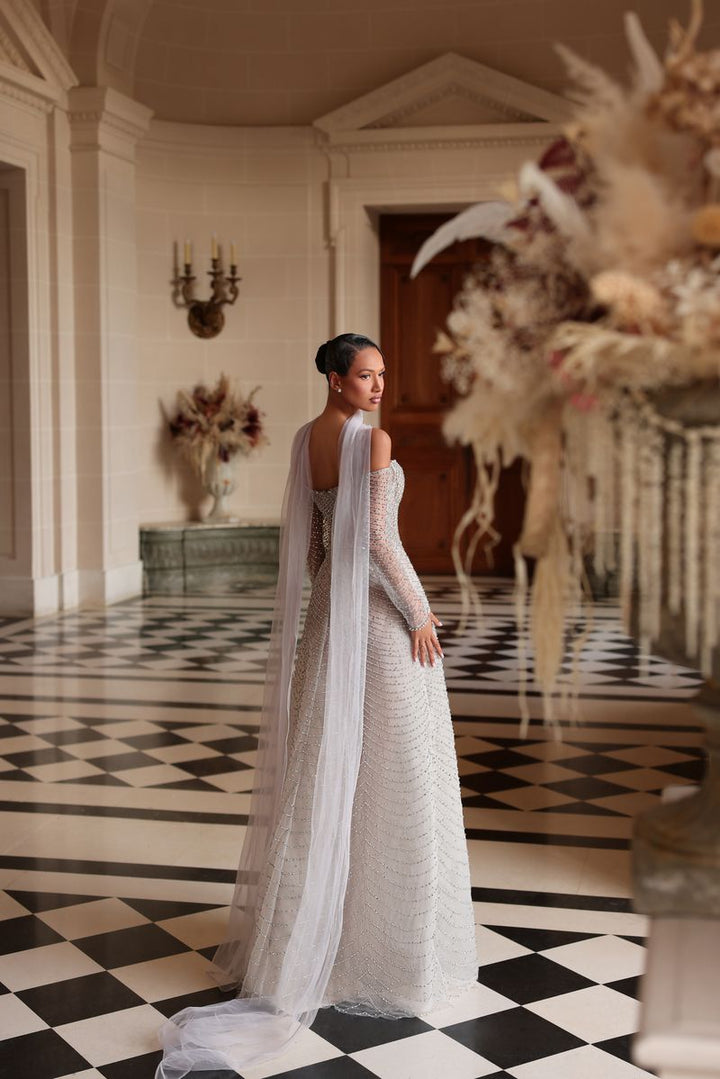 Chic & Holland HF110614 Off Shoulder Sweetheart Plunging Neckline Beaded A Line Matching Scarf Couture Dress
