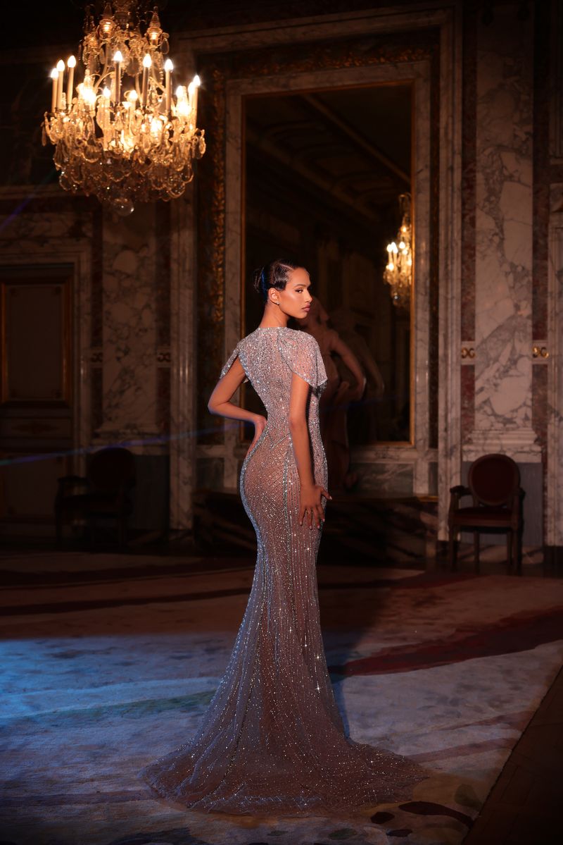 Chic & Holland HF110680 Cape Sleeve Beaded Couture Dress