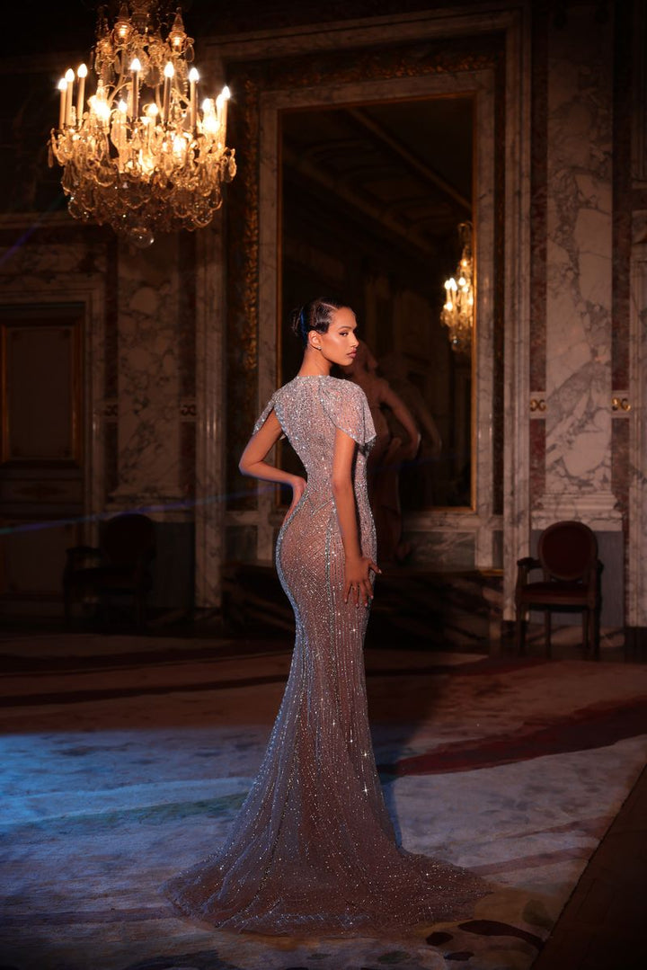 Chic & Holland HF110680 Cape Sleeve Beaded Couture Dress