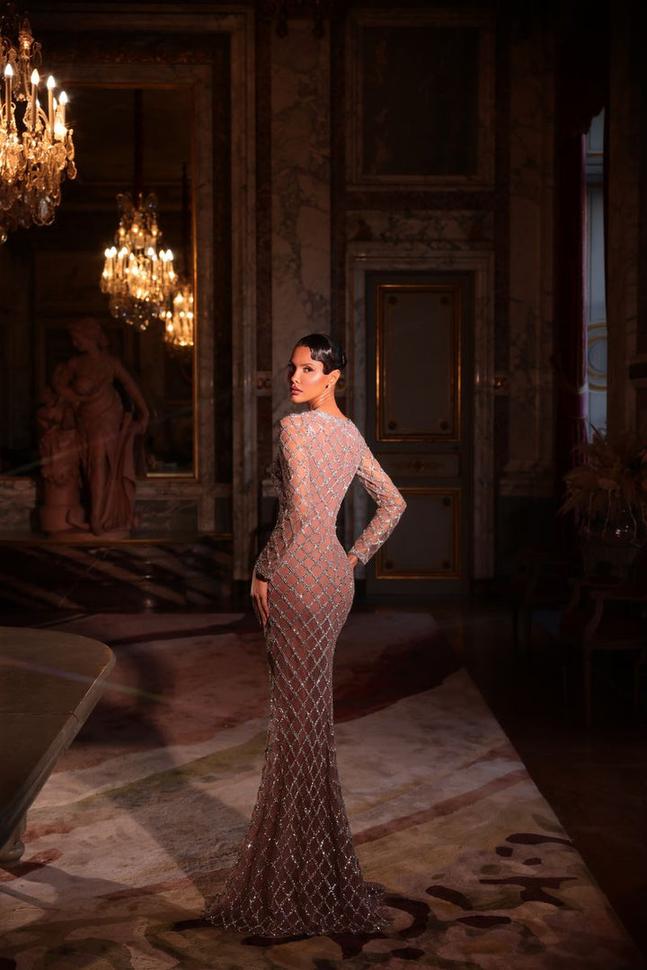 Chic & Holland HF110621 Boat Neckline Long Sleeves Diamond Grid Beaded Sheath Couture Dress